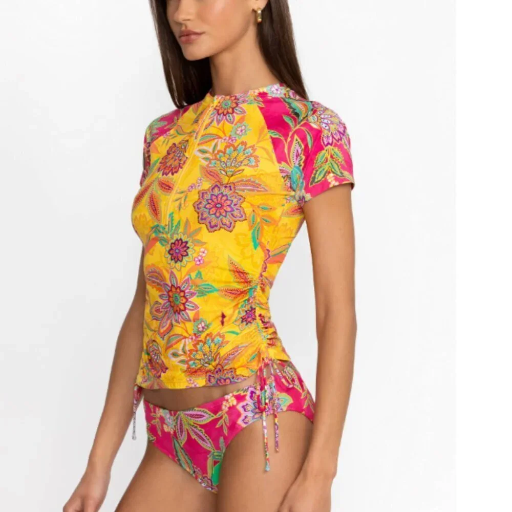 NWT Johnny Was Sunshine and Flamingo Drawstring Surf Shirt Multicolor Floral UV